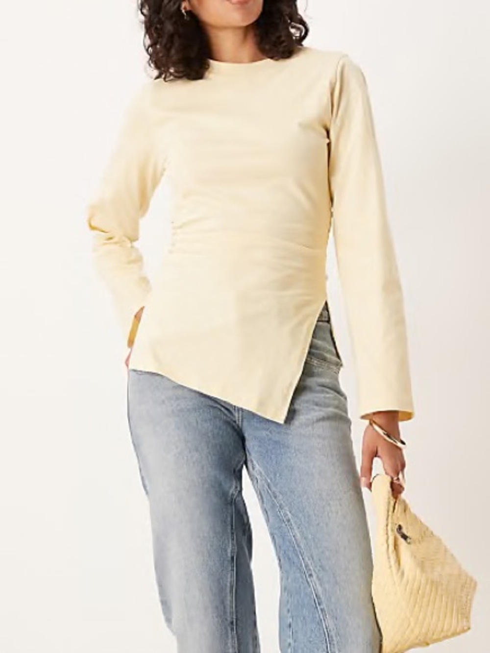 ASOS butter yellow long sleeve asymmetrical waist snatched top size medium